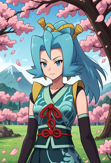 2d, 1girl, solo, upper_body, close-up, cherry blossoms, mountain, sunshine, clear sky, colorful, woods, nyclair, nycla, clair_\(pokemon\), blue_eyes, aqua_hair, ponytail. hair_ribbon, japanese_clothes, hakama, very_long_dress, detached_sleeves, hair_ribbon, red_ribbon, score_9,score_8_up,score_7_up,source_anime, masterpiece, best quality, amazing quality