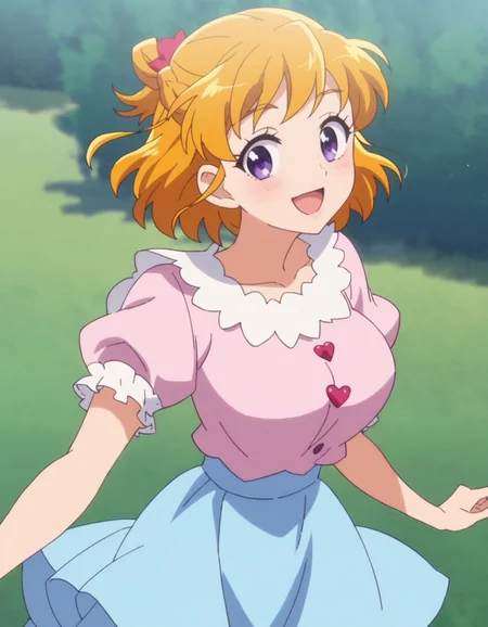 score_9, score_8_up, score_7_up, anime screencap, solo,1girl,asahinamiraimd, blue skirt, short sleeves, pink shirt, puffy sleeves,purple eyes,smile, looking at viewer,cowboy shot,large breasts ,blush,open mouth<lora:asahinamiraimd:0.8>