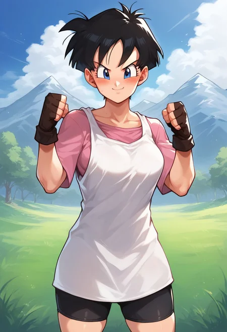 score_9, score_8_up, score_7_up, source_anime, uncensored, <lora:Viper_Risen-000014:1>, v1p3r1seV6, BREAK, 1girl, videl, black hair, short hair, blue eyes, curvy, medium breasts, big ass, smile, blush, pink shirt, white sleeveless loose shirt, bike shorts, boots, black fingerless gloves, cowboy shot, outdoors, blue sky, grass, mountains, nature, clenched hand, clenched fist, cowboy shot, looking at viewer,