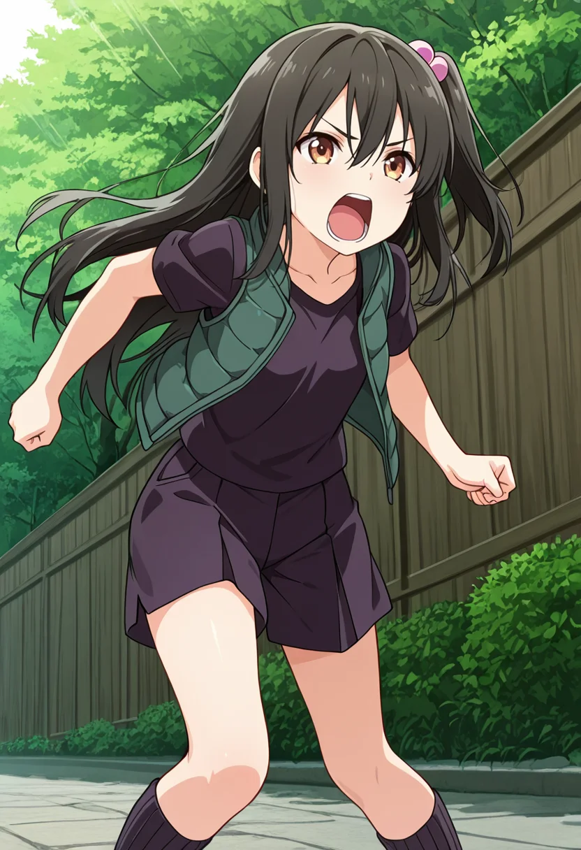 masterpiece,high quality details,
outdoors,
<lora:Adachi_Tenka:0.8> tenka_cnr, 1girl, black hair, long hair,brown eyes,hair between eyes, one side up,, screaming,envy,, t-shirt ,vest,culottes, ,ribbed legwear,