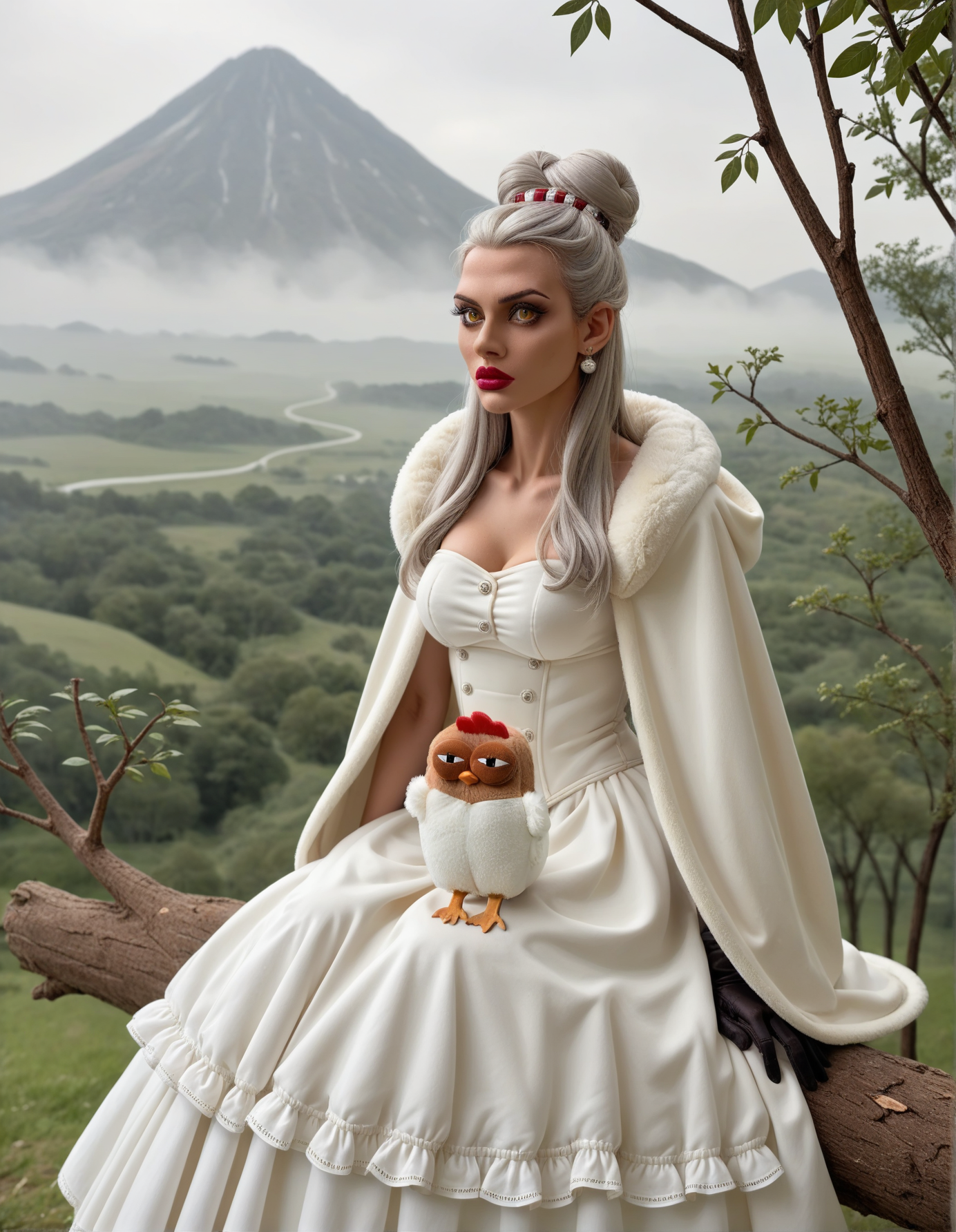 score_9, score_8_up, score_7_up, score_6_up, score_5_up, score_4_up, 1girl, solo, Sorcerer casting bolts of lightning from their fingertips, Long gown, fitted bodice, petticoat, gloves, and fur-lined cloak, Countess, Average Height, in shape, Oval Face, Tan Skin, Silver Hair, Amber Eyes, Straight Nose, Thin Lips, Round Chin, Long Hair, Straight Hair, Sock Bun, soft breasts, , magenta cream lipstick, Misty mountains towering over a vast, misty valley,  hud_ch1cken_purs3, bird, animal, chicken, <lora:purse:0.7>, sitting, branch, tree