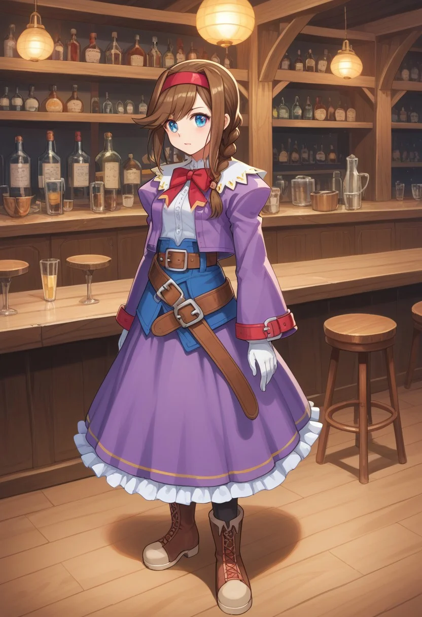 score_8, score_8_up, score_7_up, source_anime, anime screenshot BREAK female focus, 1girl, solo, Virgina_WA, brown hair, hair intakes, asymmetrical hair, braid, single braid, bangs, Blue eyes, red hairband, hairband, bowtie, red bowtie, white blouse, blouse, purple jacket, jacket, cropped jacket, juliet sleeves, long sleeves, sleeve garter, wide sleeves, gloves, white gloves, belt, long skirt, purple skirt, frilled skirt, holster, white holster, pantyhose, black pantyhose, fold-over boots, fringe trim, arms at side, standing, full body, chair, wooden chair, wooden table, bar, saloon background, indoors, bar (\place\), cowboy western