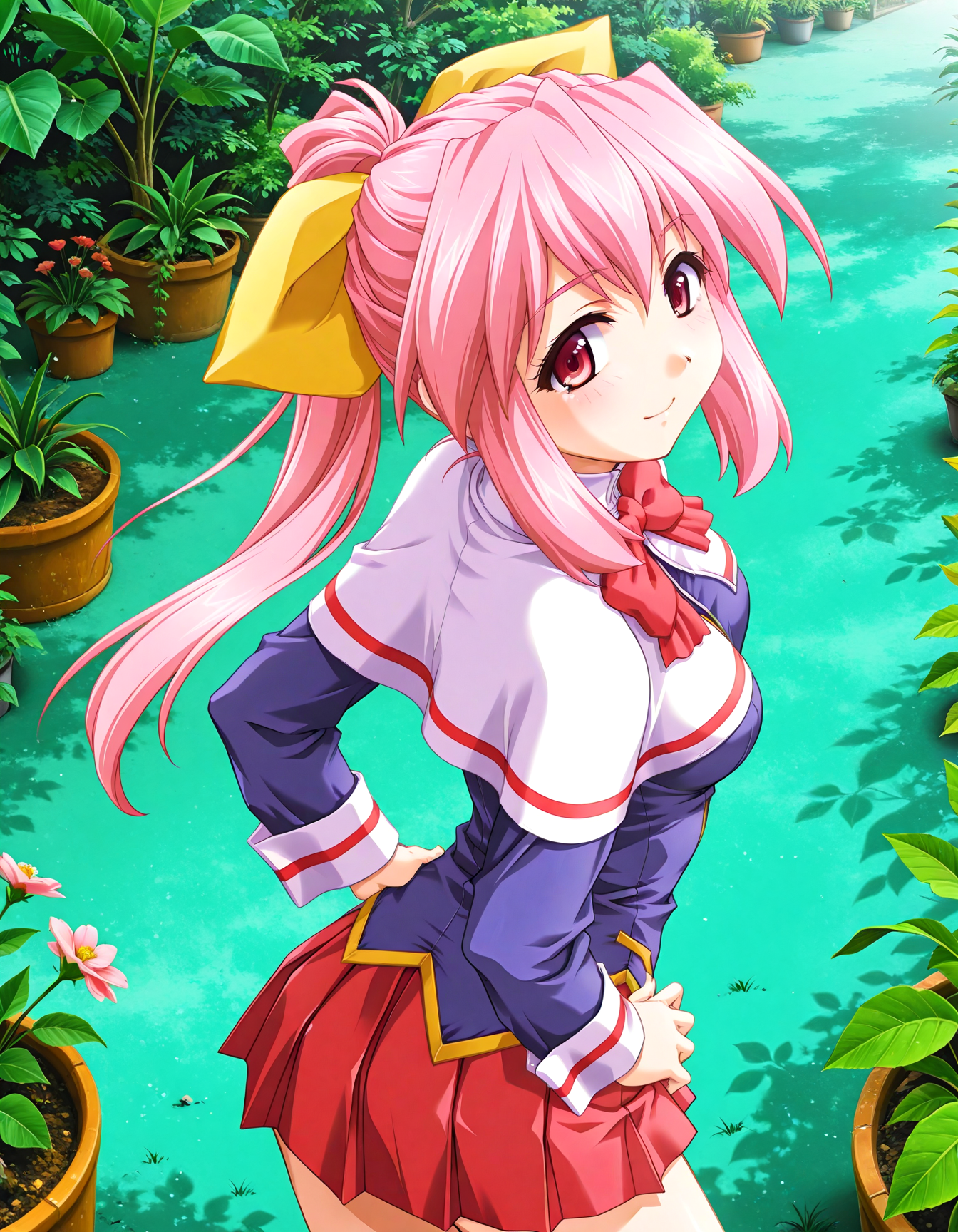 (1girl, solo:1.3), (2girls, 3girls, 4girls, multiple girls, 2boys, 3boys, 4boys, multiple boys:-1.5) <lora:Inuyama_Tsumugi_Dokusen_Illustrious:0.9>, inuyama_tsumugi, medium breasts, red eyes, pink eyes, pink hair, long hair, ponytail, hair bow, hair ribbon, yellow ribbon, school uniform, long sleeves, wrist cuffs, white capelet, capelet, red bowtie, bowtie, red skirt, pleated skirt, miniskirt smile, (half-closed eyes:0.7), general, contrapposto, dynamic pose, hands on own hips, upper body, from behind, from above, , indoors, conservatory, plant garden, (green theme:1.1), plant, potted plant, flower, (perspective:0.7), <lora:NOOB_EPSv1_1_detailer_by_vlnvk_v1_0:1.5>, (photo background:0.7), day, (tachibana yuu:0.6), inue shinsuke, (kazuma muramasa:0.0), saikawa yusa, (aoi manabu:0.6), abarerumidori, (suzui narumi:0.6), masterpiece, newest, absurdres, 8K, anime screenshot, anime coloring, flat color, official art, film grain, <lora:illustriousXLv01_stabilizer_v1.185c:0.7>, <lora:LECO_Solo:-4.0>,