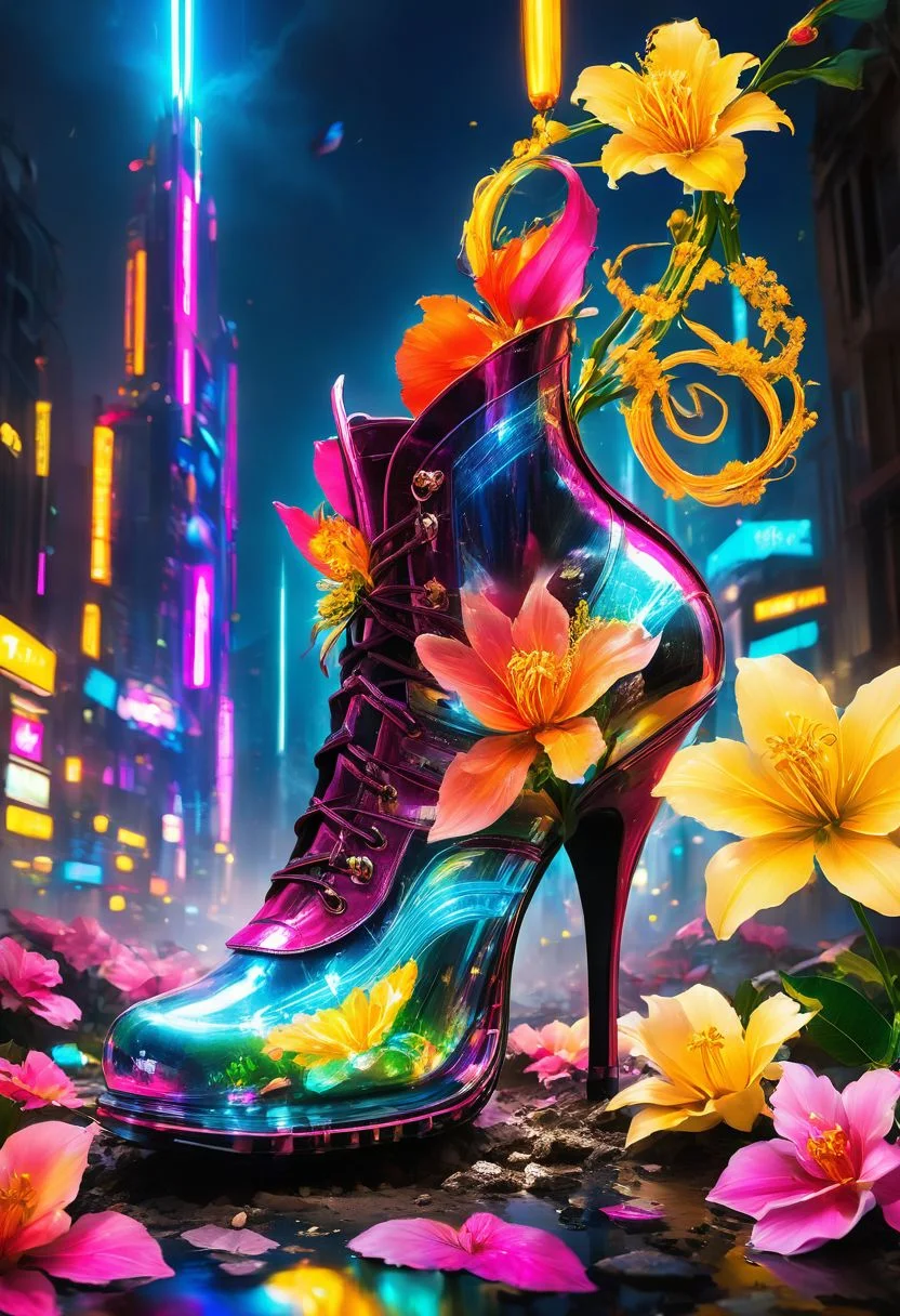 a very old and ruined shoe, in a city devastated by war, a disturbed landscape, a flower appears inside the shoe, an alien flower, magnificent and shiny, the miracle of life, mystical atmosphere, divine light
