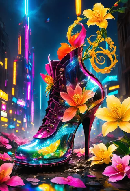 a very old and ruined shoe, in a city devastated by war, a disturbed landscape, a flower appears inside the shoe, an alien flower, magnificent and shiny, the miracle of life, mystical atmosphere, divine light