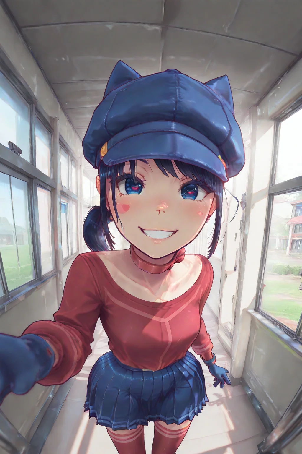 CoolMita, 1girl, hat, gloves, red shirt, blue pleated skirt, red thighhighs, ponytail, walks towards viewer, reaches hand to upper right corner of picture, playful grin, sly eyes, predatory look, close-up,
school, in school hallway, wall with windows on right, wall with doors on left,
masterpiece, best quality, amazing quality, very aesthetic, absurdres, newest,
scenery, (volumetric lighting) <lora:holographiccolor:0.7> <lora:DarkerThanBlackIllustrious:0.5> <lora:Mita-MiSide-4-4-Illustrious:0.9> <lora:ponyv5_noobV065S_1_adamW:0.6> <lora:Fisheye_Style:0.7>