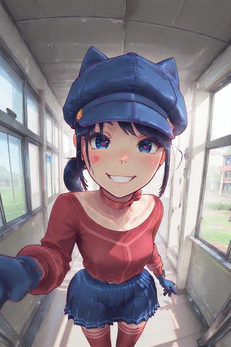 CoolMita, 1girl, hat, gloves, red shirt, blue pleated skirt, red thighhighs, ponytail, walks towards viewer, reaches hand to upper right corner of picture, playful grin, sly eyes, predatory look, close-up,
school, in school hallway, wall with windows on right, wall with doors on left,
masterpiece, best quality, amazing quality, very aesthetic, absurdres, newest,
scenery, (volumetric lighting) <lora:holographiccolor:0.7> <lora:DarkerThanBlackIllustrious:0.5> <lora:Mita-MiSide-4-4-Illustrious:0.9> <lora:ponyv5_noobV065S_1_adamW:0.6> <lora:Fisheye_Style:0.7>