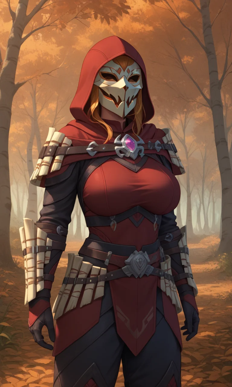 anime style, anime studio, vibrant, (score_9, score_8_up,score_7_up), masterpiece, best quality, ultra quality, eyes, 1girl, (big breasts:1.2), <lora:glavakolhoza_shadowscalearmour:0.7>, glavakolhoza_shadowscalearmour, standing, relaxed pose, autumn forest, hood, helmet, mask, close up, fantasy armour,