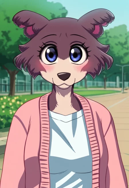 score_9, score_8_up, score_8, score_7_up, score_7, score_6, sidelighting, volumetric lighting, ray tracing, detailed lighting, subsurface scattering, (masterpiece, best quality), very aesthetic, source_furry, solo, cute, blush, cute pose, juno, wolf girl, brown-purple fur, blue eyes, wolf tail, pink cardigan, white t-shirt, green pants, <lora:JunoUpdated:0.8>, outdoors, (upper body, face focus, close, looking at viewer, walks to viewer, walking in the park:1.2), park background, flowers, ultra-detailed, absurdres, depth of field, blurry background, cute smile, 1girl, (girly:1.2), (fullfigured ,voluptuous:1.4), medium breasts, round breasts, perky breasts, detailed fur, totodraw, <lora:TotoDraw:1>
