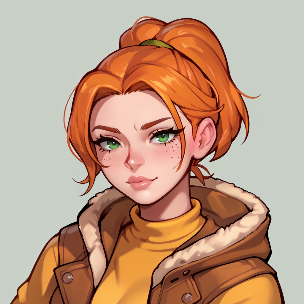 score_9,score_8_up,score_7_up,score_6_up,source_anime,rating_questionable, simple background    <lora:Robin_-_Stardew_Valley:0.8> robin_sdv, 1girl, green eyes, freckles, orange hair, ponytail, zPDXL2,