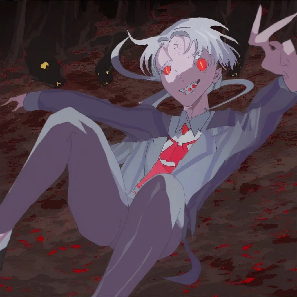 flesh, blood, horror, gore, long limbs, albert fish, smiling, sharp teeth, man, against the backdrop of the forest, anime, cyberpunk