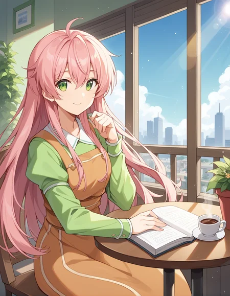 score_9, score_8_up, score_7_up, source_anime, rating_safe, BREAK <lora:watashi_XL-Pony_LoRA-C3Lier_16-16-8-8_AdamW_Un3e-4_Te1.5e-4_10batch:1>, watashi \(jintai\), 1girl, pink hair, long hair, very long hair, ahoge, green eyes, green shirt, long sleeves, brown dress, long dress, long skirt, pocket, light smile, closed mouth, dutch angle, sitting, closed mouth, elbows on table, light particles, light rays, table, chair, coffee, book, looking at viewer, cafe, potted plant, window, cityscape, blue sky