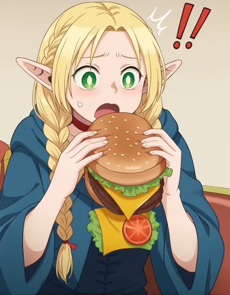 1girl, solo, <lora:marcille-donato-s1-ponyxl-lora-nochekaiser.safetensors:0.9>, marcille donato, long hair, blonde hair, green eyes, braid, pointy ears, twin braids, elf, bright pupils, exclamation mark, surprised, parted bangs, choker, robe, red choker, mcdonald's restaurant background, <lora:Burger_Malfunction-PonyXL-1024px.safetensors:0.9> burger malfunction, eating, lettuce, tomato, cheese, ketchup, soda, fast food