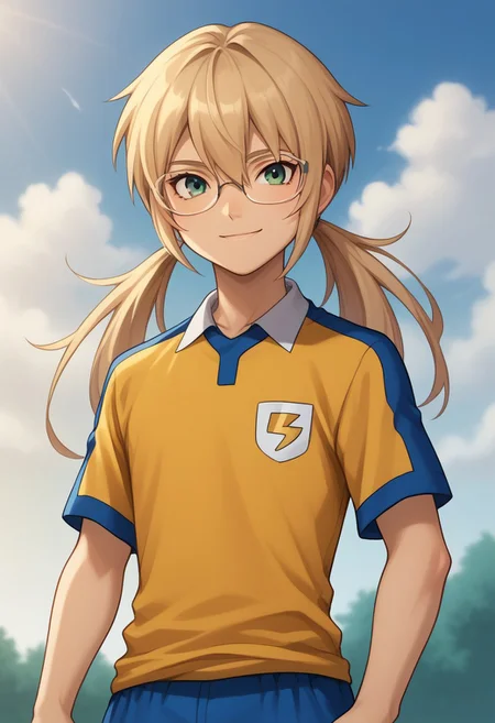 score_9, score_8_up, score_7_up, source_anime, highly detailed,
kirino, 1boy, male focus, solo, blonde hair, green eyes, glasses, twintails, very long hair, sportwear, raimon, raimon soccer uniform, shirt, yellow shirt, short sleeves, shorts, blue shorts, upper body, smile
outdoor, sky, cloud