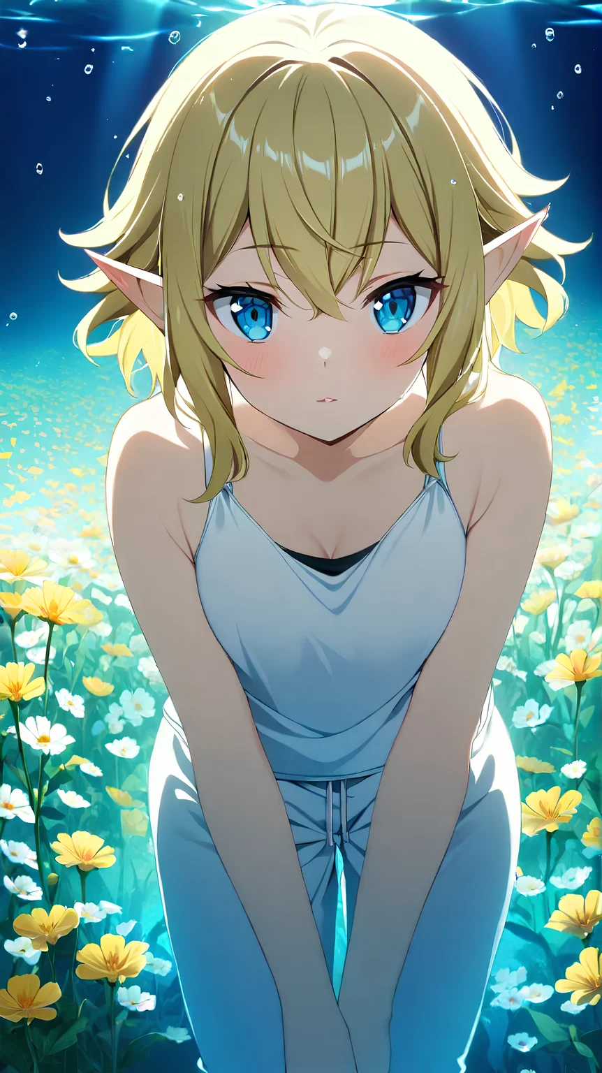 <lora:Ryu_Lion:1> <lora:Anime Enhancer XL V2:1>
1girl, RyuLion, RyuLion has dark blue eyes, RyuLion has blonde hair, RyuLion is an elf,
RyuLion wearing a white tank top, RyuLion wearing white sweatpants,
RyuLion laying in a beautiful field of flowers, Sunshine, daylight,
flower, blue lighting,underwater, water <lora:flowersea:1>