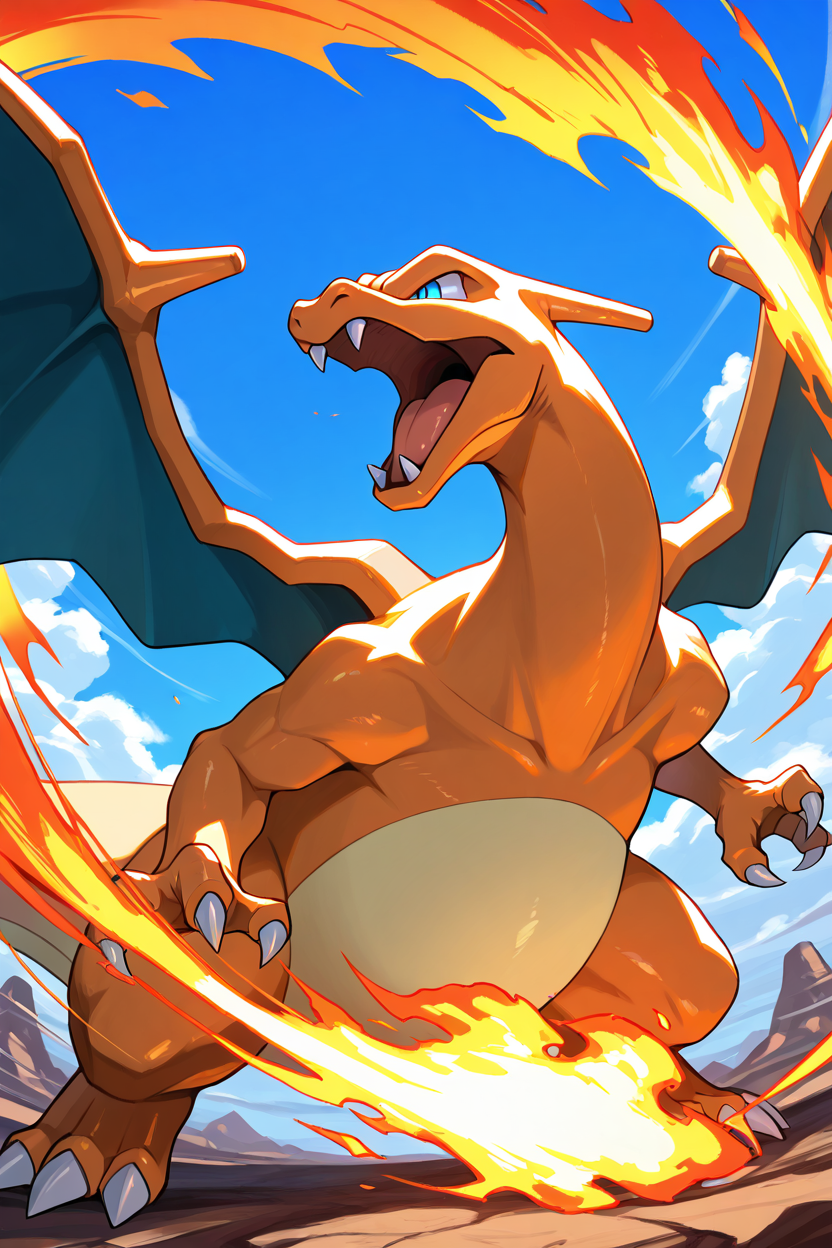 masterpiece, best quality,   <lora:CharizardPokedexIXL:1.0>,   Charizard, no humans, solo, wings, fire, angry, attacking, sky, blue sky, claws, motion lines, dynamic pose,