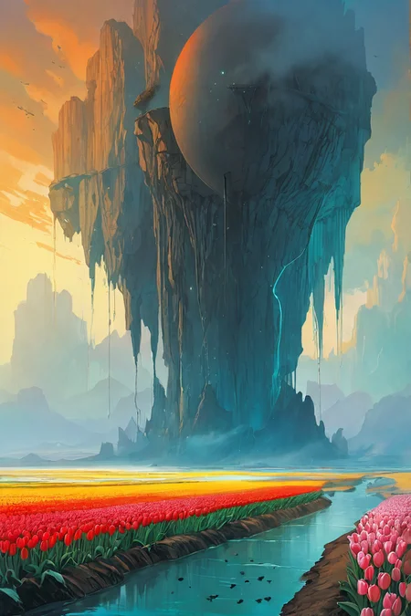 Landscape,Landscape creator,A Crack in Realityto other world, A floating archipelago bound by liquid light bridges reverse waterfalls feeding sky lakes, comets dragging liquid light trails, Thickets of translucent tulips storing liquid starlight, glaciers melting upward into floating archipelagos, heat distortions birthing temporary oasis holograms, Art painting by Zdzislaw Beksinski and Kim Jung Gi and René Magritte, featured on Sparth,,
<lora:extremely_detailed:0.7> extremely detailed ,
<lora:add-detail-xl:0.7>,
<lora:softdigital2x2:0.15>,
<lora:EpicF4nta5yXL:0.3>,, Magic realism painting art style, surreal compositions, vibrant colors, blurs the line between reality and fantasy