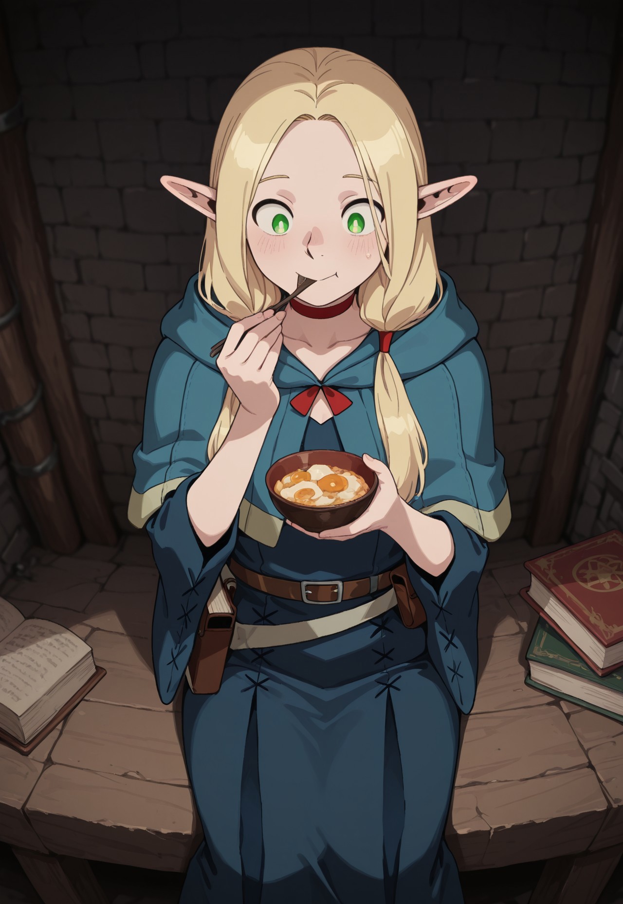 masterpiece, best quality, amazing quality, very aesthetic, absurdres, Dunmeshi_Marcille, 1girl, solo, female focus, pointy ears, blonde hair, green eyes, HairLowTwintails, official alternate hairstyle, red choker, blue hooded capelet, hood down, blue long dress, furisode sleeves, brown belt, belt pouch, book holster,  cowboy shot, sitting, holding bowl, eating, happy, dungeon, dark, perspective,