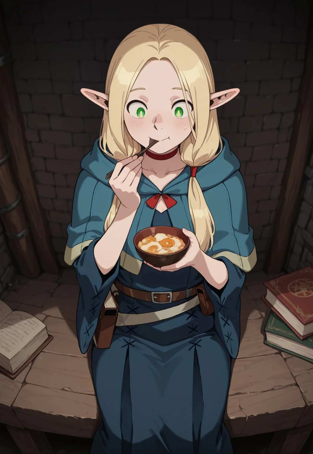 masterpiece, best quality, amazing quality, very aesthetic, absurdres, Dunmeshi_Marcille, 1girl, solo, female focus, pointy ears, blonde hair, green eyes, HairLowTwintails, official alternate hairstyle, red choker, blue hooded capelet, hood down, blue long dress, furisode sleeves, brown belt, belt pouch, book holster, cowboy shot, sitting, holding bowl, eating, happy, dungeon, dark, perspective,