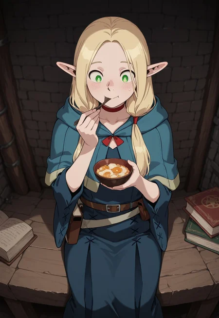 masterpiece, best quality, amazing quality, very aesthetic, absurdres, Dunmeshi_Marcille, 1girl, solo, female focus, pointy ears, blonde hair, green eyes, HairLowTwintails, official alternate hairstyle, red choker, blue hooded capelet, hood down, blue long dress, furisode sleeves, brown belt, belt pouch, book holster, cowboy shot, sitting, holding bowl, eating, happy, dungeon, dark, perspective,