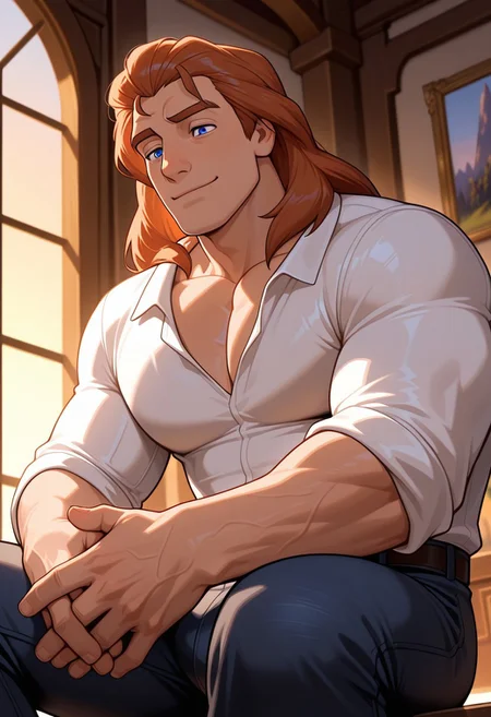 masterpiece,best quality,amazing quality,very aesthetic,absurdres,newest, huge filesize, Prince_Adam_BTB, 1man male focus, solo, auburn hair, blue eyes, lean and muscular, mature, long hair, strong, tall, manly, masculine, classy, soulful eyes, artistic, score_9, score_8_up, score_7_up, Masterpiece, Best Quality, beautiful eyes, detailed eyes, male focus, dynamic angle, male focus, solo, face focus, front view, gentle smile, standing, ((male)), ((mature)), ((adult)), handsome, sexy, ((slender)), ((pecs)), ((bara)), ((twunk)), Prince_Adam_BTB, 1man, auburn hair, blue eyes, Golden Hour Shot, medium close-up, sitting down, hands clasped in front on his knees and hands on his chin, dark denim jeans, subtle smile, Henley shirt,