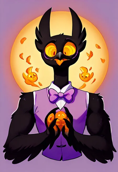 Barnaby, 1boy, yellow eyes, orange sclera, black body, long neck, feathers, bird feet, winged arms, bird tail, black beak, purple vest, sleeveless, purple bowtie, orange tongue, avian, furry, anthro, ghost, owl, spirit, digitigrade, no humans, perfect anatomy, solo, (insanely detailed, beautiful detailed face, masterpiece, cinematic lighting, detailed hands, detailed face, best quality), (sharp), score_9_up, score_8_up, score_7_up, score_6_up, highest quality, 8K, RAW photo, source_anime, perfect face, perfect hands, upper body, diives