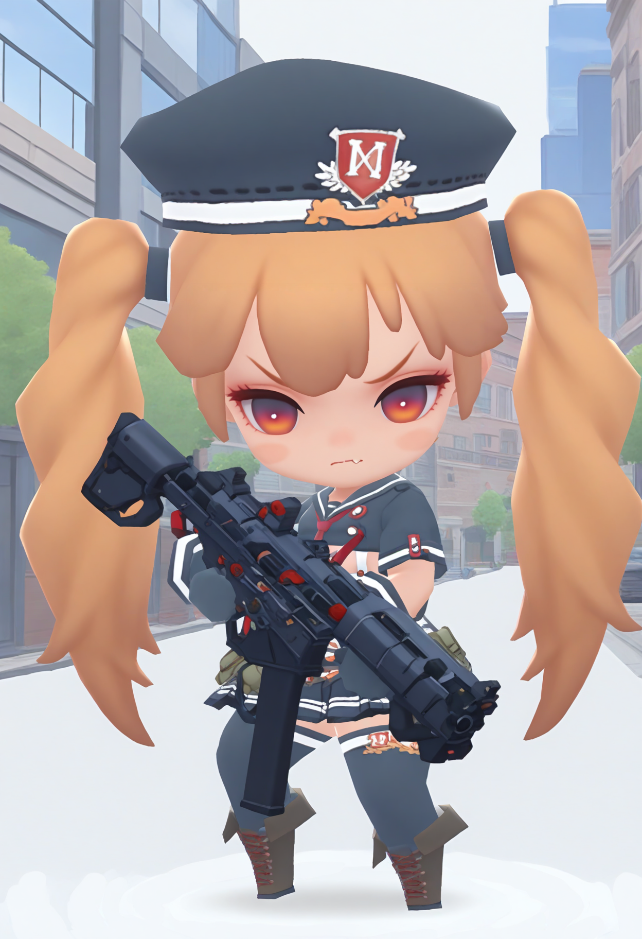 best hands, 5 fingers <lora:mn_Miranda_IL1.4:1>
mn_Miranda_IL, chibi, 1girl, solo, serious, closed mouth, Wavy brown very Long Hair, led eyes, fang, hat, twintails, Hair ties, small breasts,
gloves, school uniform, short sleeves, pleated black miniskirt, black thighhighs, crop top, black shirt, suspenders, red necktie, belt pouch, Printed knee socks, boots,
holding shotgun,
BREAK outdoors, day, street,