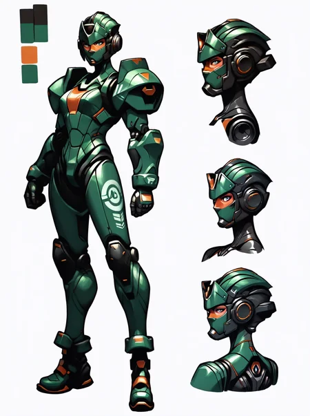 highres, hi res, best quality, masterpiece, intricate details, absurdres, 4k, semi realistic,, CharacterDesignIllustrious, reference sheet, simple white background, color guide, (multiple views), (full body), dynamic pose,
1girl, Android with a laser rifle, mechanical parts, mechanical helmet, multiple clothing ornaments, military clothing,
<lora:CharacterDesignIllustrious_Concept-10V2:0.85>, <lora:2XKO_style-10(IllustrousV2):0.8>, 2XKO