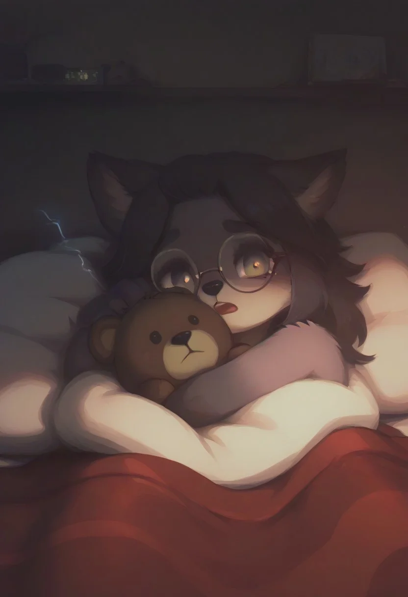 score_9, score_8_up, score_7_up, Expressiveh, score_9,score_8_up,score_7_up,very aesthetic ,(masterpiece:1.4), (best quality), (colorful), (detailed), cinematic lighting, volumetric lighting, stuffed toy, pillow, stuffed animal, hug teddy bear, bed, looking at viewer, indoors, open month, wolf, round glasses, no humans, blanket, covered herself with a blanket, ,sleeping cap, furry, wolf, ,solo, plaid black-white blanket, wolf eyes, wolf ears, wolf girl, show tits, furry, fluffy, blanket, clutching blanket, nipples showing, night, alarm clock, scared, dark room, lightning, fear, big tits, night light, 20 yo girl