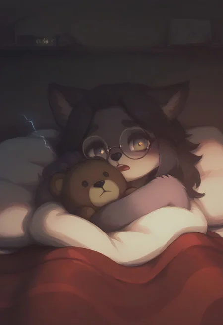 score_9, score_8_up, score_7_up, Expressiveh, score_9,score_8_up,score_7_up,very aesthetic ,(masterpiece:1.4), (best quality), (colorful), (detailed), cinematic lighting, volumetric lighting, stuffed toy, pillow, stuffed animal, hug teddy bear, bed, looking at viewer, indoors, open month, wolf, round glasses, no humans, blanket, covered herself with a blanket, ,sleeping cap, furry, wolf, ,solo, plaid black-white blanket, wolf eyes, wolf ears, wolf girl, show tits, furry, fluffy, blanket, clutching blanket, nipples showing, night, alarm clock, scared, dark room, lightning, fear, big tits, night light, 20 yo girl