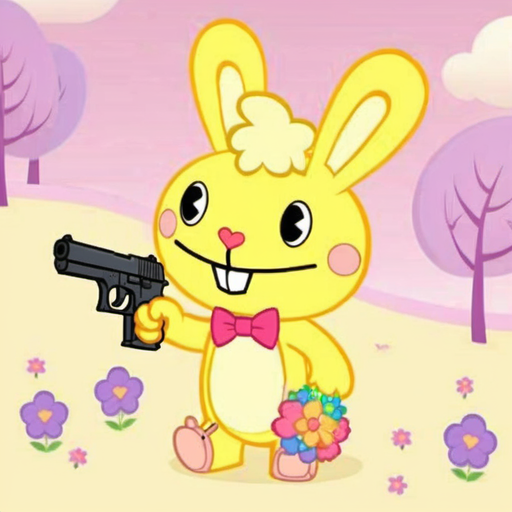 cartoon, a psychopath yellow rabbit with pink sleepers, aims a gun, flowers, cute rainbow <lora:Cuddles1024-000380:0.8>