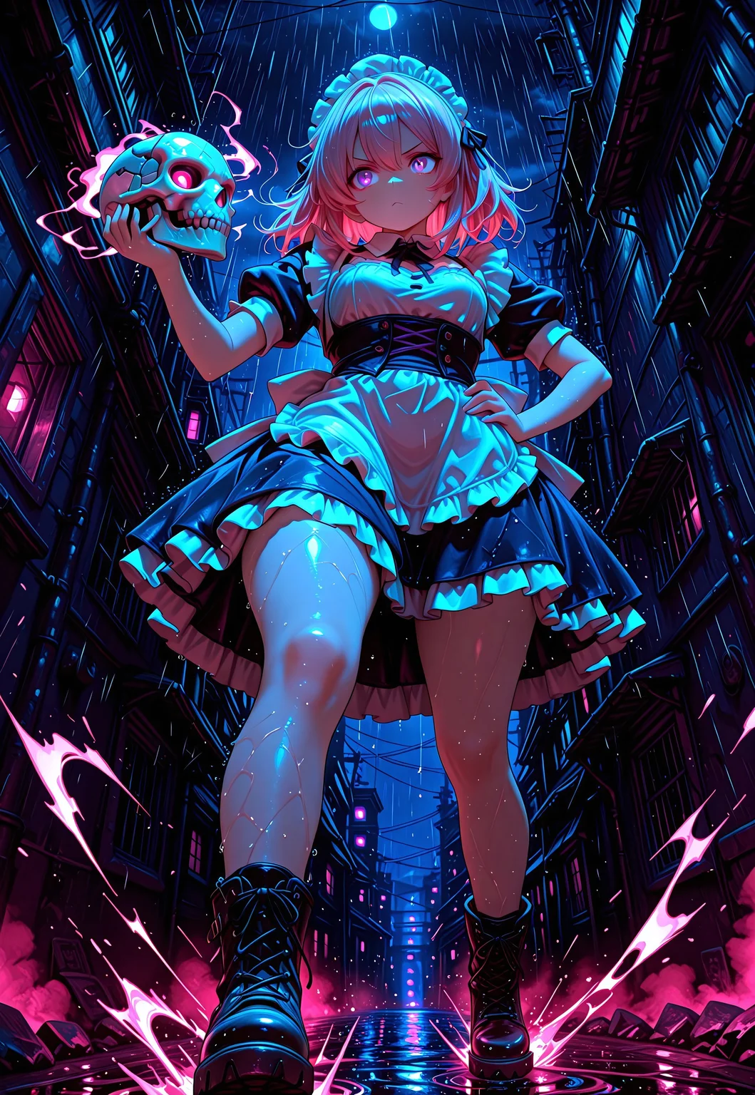 iro_mugen_illu, masterpiece, ultra-detailed, action style, radical motion, extreme perspective, CivChan, purple eyes, pink hair, maid outfit, combat boots, hand on her hip, stepping on a robot skull, vibrant colors, whimsical but dangerous scene, night shot, late night, exterior, dark alleyway, rain puddles. dynamic composition, Smooth Quality