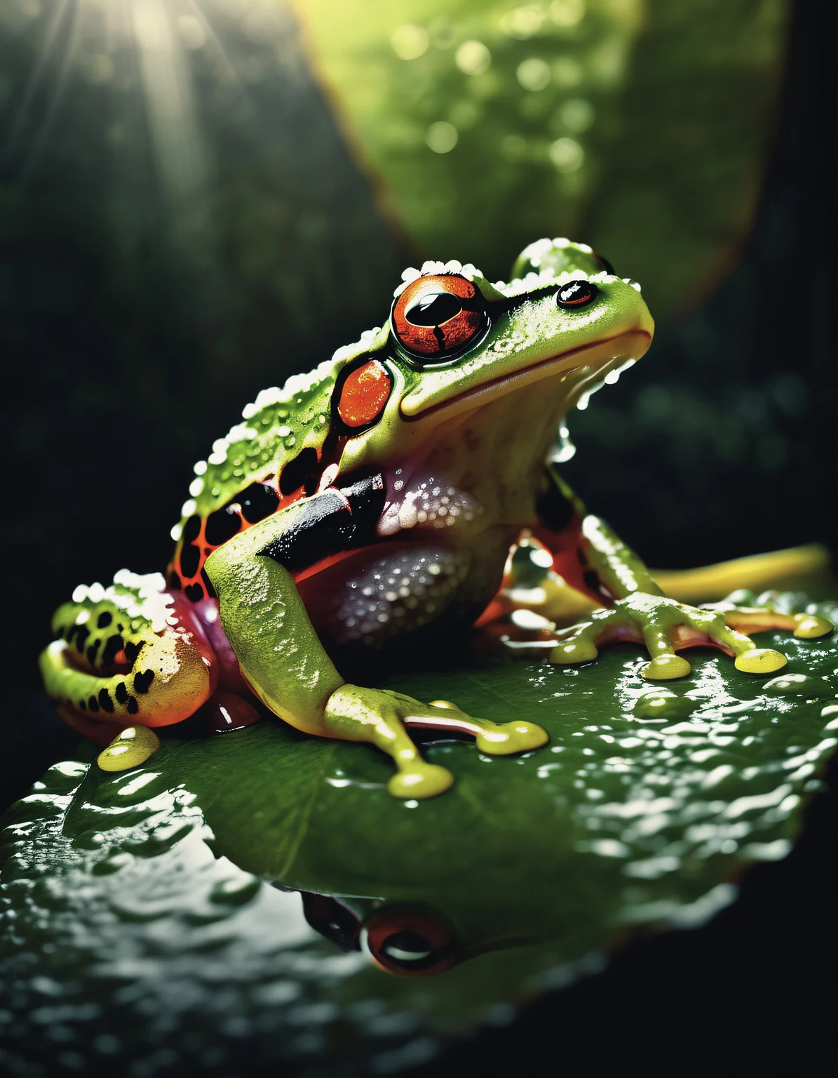 backlight, morning dew, vibrant colorful frog sitting on a leaf over water in jungle, glossy