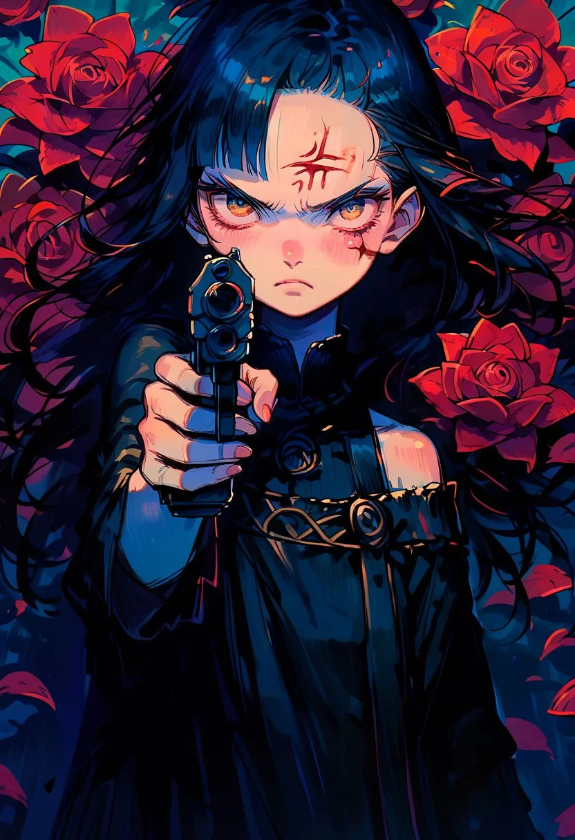 score_9, score_8_up, score_7_up, score_6_up, 1girl, solo, cr33pp41nt, f3nn3r, angry face, face with bleeding wounds, red roses, detailed background of a red roses, black dress, bare shoulders, long hair, asymmetrical bangs, black long hair, fair skin, gun, aiming a gun with outstretched arms, holding gun, aiming, aiming at viewer, finger on trigger,