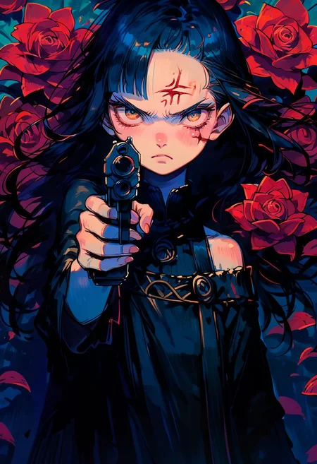 score_9, score_8_up, score_7_up, score_6_up, 1girl, solo, cr33pp41nt, f3nn3r, angry face, face with bleeding wounds, red roses, detailed background of a red roses, black dress, bare shoulders, long hair, asymmetrical bangs, black long hair, fair skin, gun, aiming a gun with outstretched arms, holding gun, aiming, aiming at viewer, finger on trigger,