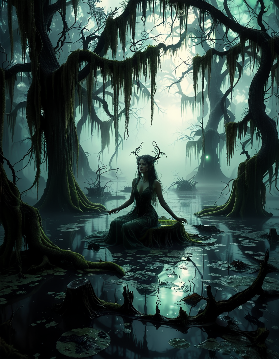 A demonic fairy woman sitting gracefully in an ominous swamp,0m1n0us sw4mp. She has a hauntingly beautiful appearance, with translucent, tattered wings resembling those of an insect, glowing faintly in a dark, eerie hue. Her skin is pale with subtle, intricate patterns like magical runes etched into it, and her eyes glow with an unsettling red or violet light. She wears an ethereal, dark gown made of shredded, otherworldly fabric that appears to flow like smoke, blending with the mist of the swamp. Her hair is long, wild, and black with streaks of silvery white, floating slightly as if affected by unseen magical energy.
The swamp around her is dark and foreboding, with twisted, gnarled trees reaching out like claws. The water is murky, reflecting a pale, sickly green glow from bioluminescent plants and fungi scattered throughout. The air is filled with a faint, ghostly mist, and strange, faint lights hover in the background, adding a mystical atmosphere. The lighting is dim, with a soft, ethereal glow illuminating the fairy woman from below, contrasting with the deep shadows of the swamp. The mood is dark, mysterious, and magical, evoking both beauty and menace.<lora:SDXLFaeTastic2400:0.4> <lora:extremely_detailed:0.4> extremely detailed, <lora:0m1n0us_sw4mp:1>, Masterpiece,best quality,hi res,8k,hi res,8k,award winning,(sharp focus, intricate, highly detailed),