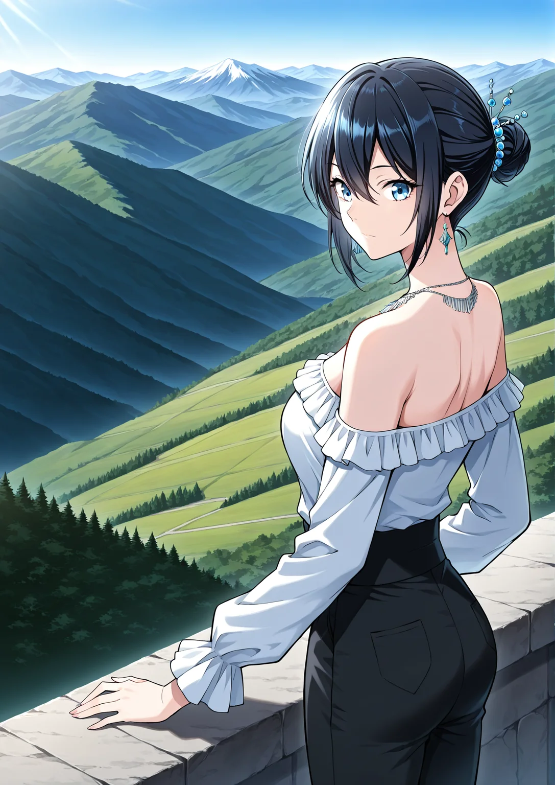 <lora:Tabitha_Helstea__The_Beginning_After_the_End__Illustrious:1>
1 girl, solo, blue eyes, black hair, hair between eyes,
black pants, off-shoulders shirt, shirt frills, bare shoulders, hair ornament, necklace, earrings, single hair bun
score_9, score_8_up, score_7_up, source anime, BREAK, cowboy shot, (from side), looking back, looking at viewer, overlooking mountain, high altitude, scenery, exterior, background, (solo), perfect hands