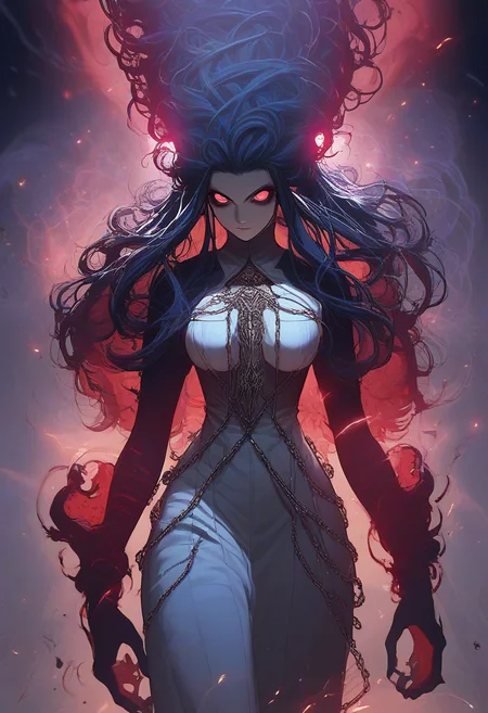 score_9, score_8_up, score_7_up, score_6_up, score_5_up, score_4_up <lora:Dark_Aura_for_Pony:1> dark aura, 1girl, black, perfect eyes, action pose, focus on breasts,sexy, erotic, priestess, source_anime, Illustration, official artwork, anime style, wallpaper, official art, gloomy colors, dark aura, horror