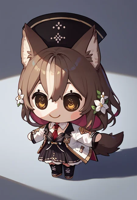 score_9, score_8_up, score_7_up, chibi, solo, 1girl, chisaka1st, smile, brown hair, hairclip, hair flower, wolf tail, hat, red necktie, necktie between breasts, detached collar, cleavage, black dress, boots, white jacket <lora:spchisakaAiriXLPony:0.9> <lora:style_beegsmol_ponyXL:1>