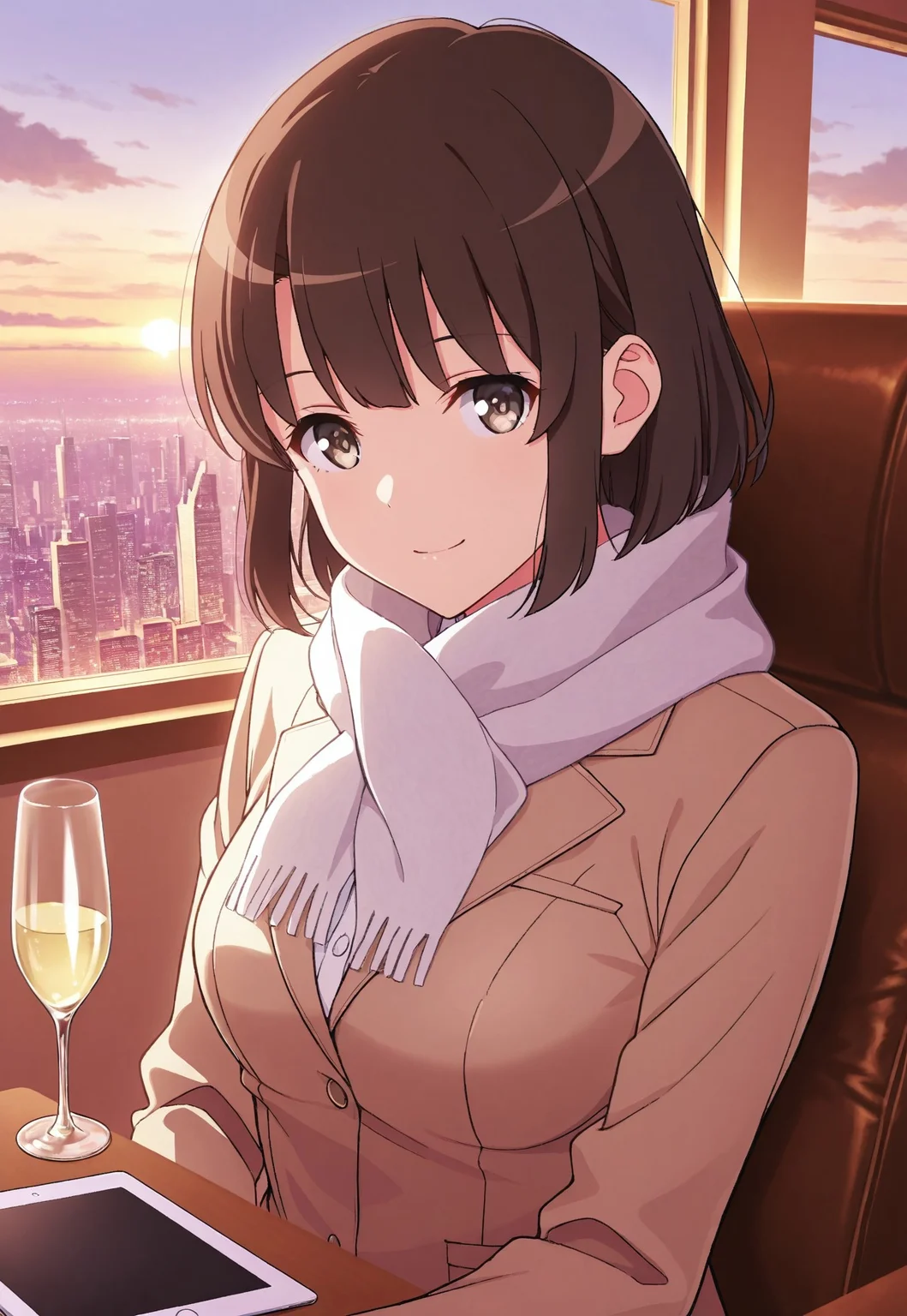 safe_pos, masterpiece, best quality, 1girl,Megumi <lora:IL-KatoMegumi:0.8>,brown hair,katou megumi,brown eyes,medium breasts, short hair, ,medium breasts, looking at viewer, masterpiece, best quality, designer business suit, silk scarf, luxury watch, private jet interior background, leather seats, champagne glass, window view of clouds, city lights below, sophisticated pose, confident business smile, mahogany tables, ambient cabin lighting, tablet device nearby, expensive furnishings, sunset through airplane window, high-class atmosphere, golden hour lighting, corporate lifestyle, three-quarter view framing,((eye fix))