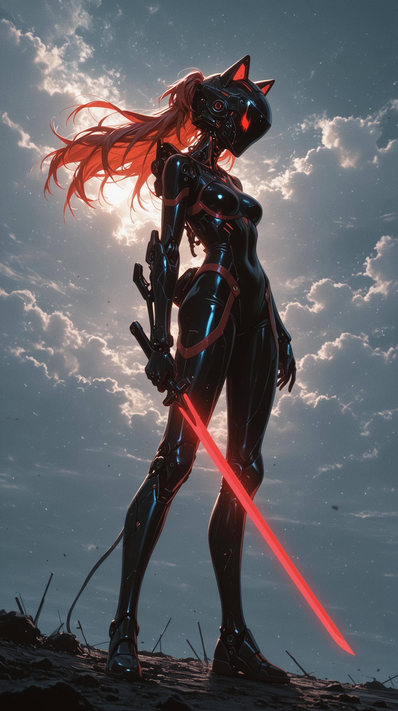 masterpiece, best quality, (anime coloring),
solo, 1girl, mecha girl, long hair, red hair, windblown hair, partially visible face, mecha musume, futuristic armor, powered exoskeleton, black bodysuit, red accents, red trim, hightech bodysuit, armor plating, visored helmet, covered face, full body armor, mechanical cat ears, mechanical neck, glowing sword, mechanical arms, cyberpunk aesthetic, sky background, cloudy sky, soft lighting, backlighting, high contrast, realistic shading, highres, view from side