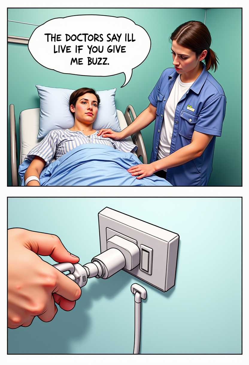 A photorealistic two panel comic set in a hospital room. In the first panel, a sickly person lies in bed while a second person in casual clothes places a reassuring hand on their shoulder. A speech bubble comes from the person in bed with the text: "THE DOCTORS SAY I'LL LIVE IF YOU GIVE ME BUZZ". The second panel is a close up of a hand pulling a plug from the wall. aidmaTextImprover, <lora:TextimproverV0.4:1>