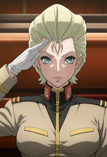 masterpiece, best quality, good quality, <lora:GTBClaudia:0.9>, GTBClaudia, 1girl, solo, blonde hair, short hair, hair slicked back, blue eyes, breasts, lipstick,
military uniform,
salute, looking at viewer, straight-on, upper body, 
BREAK auditorium, indoors,