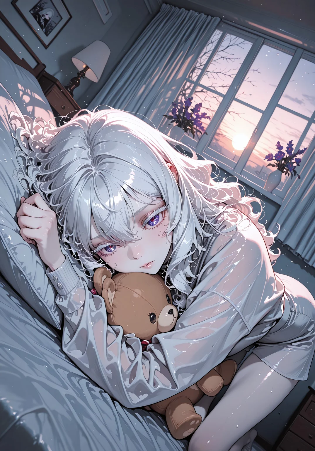 lazypos, refined detailed, high quality, highres, cinematic lighting, absurdres, 8k, detailed, highest definition, 1girl, solo, pale skin (silver_white_hair:1.3), (pink_blue_tips:1.2), (big_wavy_hair:1.4), (long_hair), (violet_eyes:1.4), (sparkling_eyes), (cold_expression:1.2), (aloof), (ruthless), (tear_mole_under_right_eye_corner), , White eyelashes, clothes, Hugging a teddy bear, hugging knees on the sofa, rain, raindrops hitting the window, gloomy atmosphere, light from the darkness, lamp, bedroom, curtains, bed, wall picture, vase of flowers. dynamic pose, random pose, dutch angle, dynamic angle, dynamic shot, portrait, sunset , soft light, soft color, low contrast, focus face, random background, looking_at_viewer, cowboy shot. masterpiece, detailed eyes, high definition, masterpiece, amazing quality, best quality, very aesthetic, very awa, newest, highres, absurdres, depth of field, detailed beautiful face and eyes, best aesthetic, high resolution, good shading, counter-shading, digital art, surreal, dynamic composition, Y0ney4m4_illu, 2025A3STH, artist:moriimee