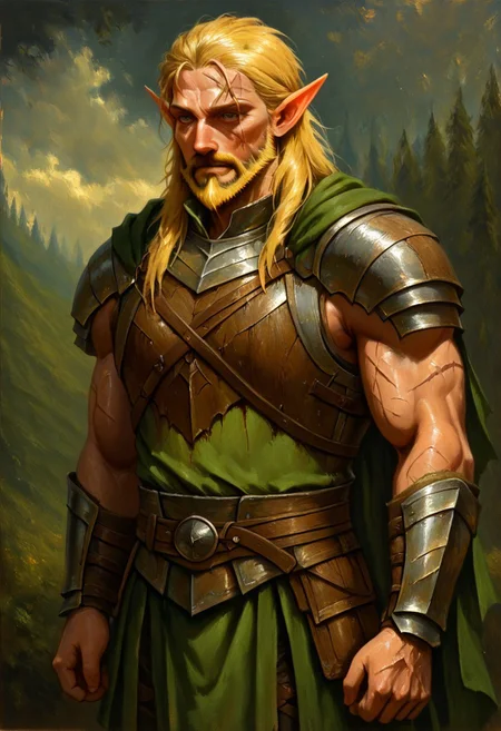 masterpiece, best quality, newest, absurdres, highres, GOTPV1.0, oil painting (medium), 
1boy, manly, elf, beard, muscular male, blonde, blonde hair, pointy ears, scar, scar on face, armor, cape, chestplate, chest armor,