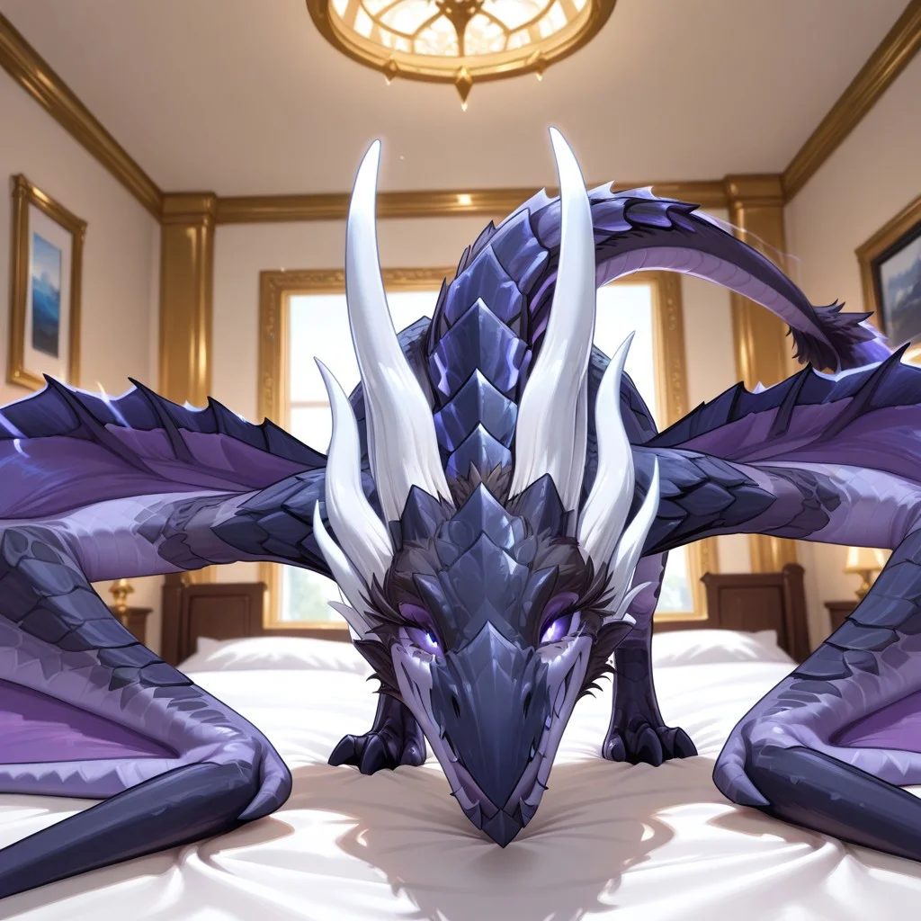 1girl, highres, absurdres, newest, masterpiece, best quality, furry, furry_female, raszageth_wc, dragon, scales, wings, horns, tail, wyvern, purple sclera, glowing eyes, 1girl, ((wyvern, no hands, no claws:1.3) (feral, quadruped:1.3), (on belly), smile, seductive smile,, luxurious detailed room, bright room, day scene, professional lighting, white bed, solo, bedroom, smiling, seductive, looking_at_viewer, masterpiece, close up, safe, from side