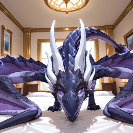 1girl, highres, absurdres, newest, masterpiece, best quality, furry, furry_female, raszageth_wc, dragon, scales, wings, horns, tail, wyvern, purple sclera, glowing eyes, 1girl, ((wyvern, no hands, no claws:1.3) (feral, quadruped:1.3), (on belly), smile, seductive smile,, luxurious detailed room, bright room, day scene, professional lighting, white bed, solo, bedroom, smiling, seductive, looking_at_viewer, masterpiece, close up, safe, from side