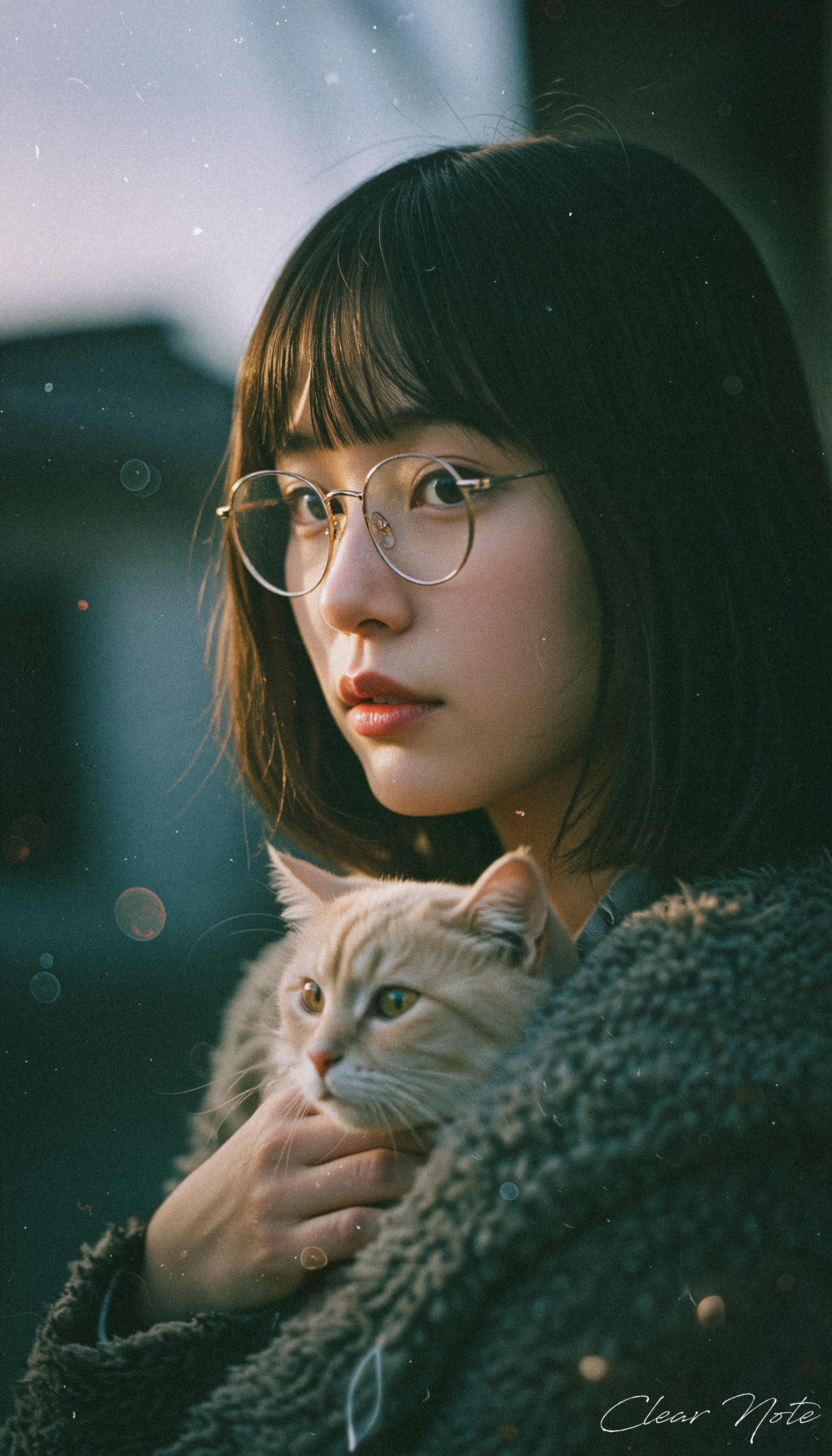 Japanese Culture Style, Emotional Photos, 35mm film, soft focus, young Japanese woman, Round Glasses, A refreshing morning, Holding a cat
