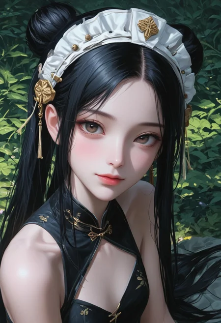 score_9, score_8_up, score_7_up, score_6_up, score_5_up, score_4_up, sharp focus,
high angle view,
petite chinese woman, long black hair, brown eyes,
slim face, almond eyes,
beautiful face, realistic face, detailed face,
chinese attire, headdress,
sad smile,
detailed background, sharp background, lush canyon,
OverallDetail,