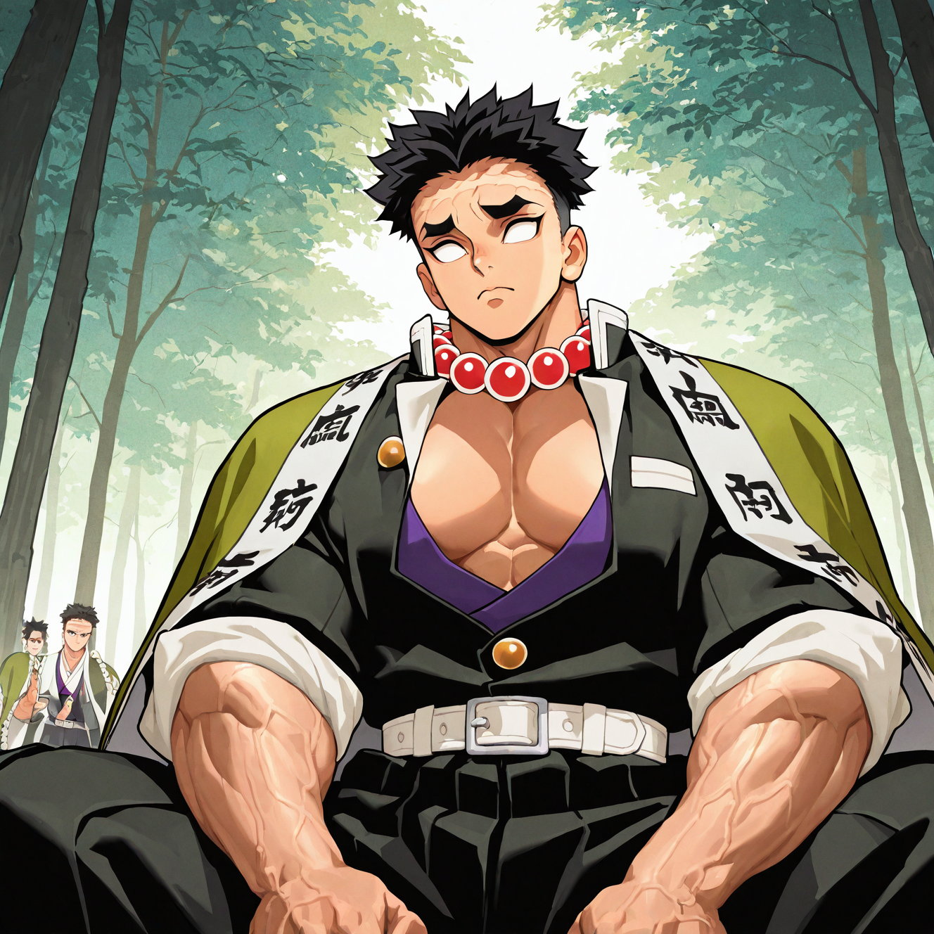 <lora:GYOMEI:1> gyomei, short hair, black hair, 1boy, closed mouth, jewelry, sitting, jacket, male focus, outdoors, japanese clothes, solo focus, pants, belt, necklace, tree, black pants, frown, scar, thick eyebrows, pectorals, nature, scar on face, veins, forest, beads, empty eyes, green jacket, haori, no pupils, pectoral cleavage, white belt, bead necklace, blank eyes, demon slayer uniform, scar on forehead, prayer beads, veiny arms, muscular male, sleeves rolled up, motion blur, film grain, abstract, natural lighting, fantasy, cinematic, dynamic view, tilted angle, very awa, masterpiece, best quality, absurdres, newest, perfect quality, detailed background, intricate details, (artist:fl \(l-fl\):0.7), (artist:tooboshoo:0.7), (artist:dizdoodz:0.8)